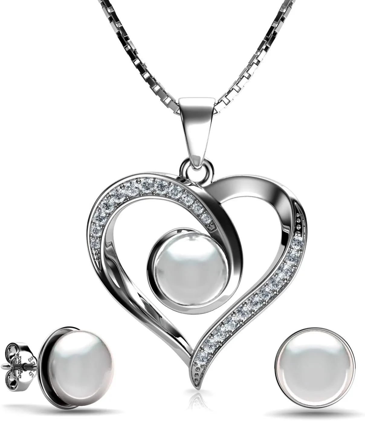 DEPHINI - Pearl Necklace & Pearl Earrings SET - 925 Sterling Silver - Real Pearl Drop Earrings studs & Pearl Pendant - Fine Jewellery set for women - 18" Premium Rhodium Plated - Gifts for Women