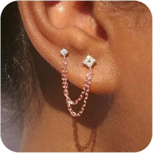 Gold Chain Studs Earrings for Women Trendy: Hypoallergenic 14K Gold Plated Dangle Earrings Dainty Small Long Chain Earring Set Fashion Gold Jewelry for Women