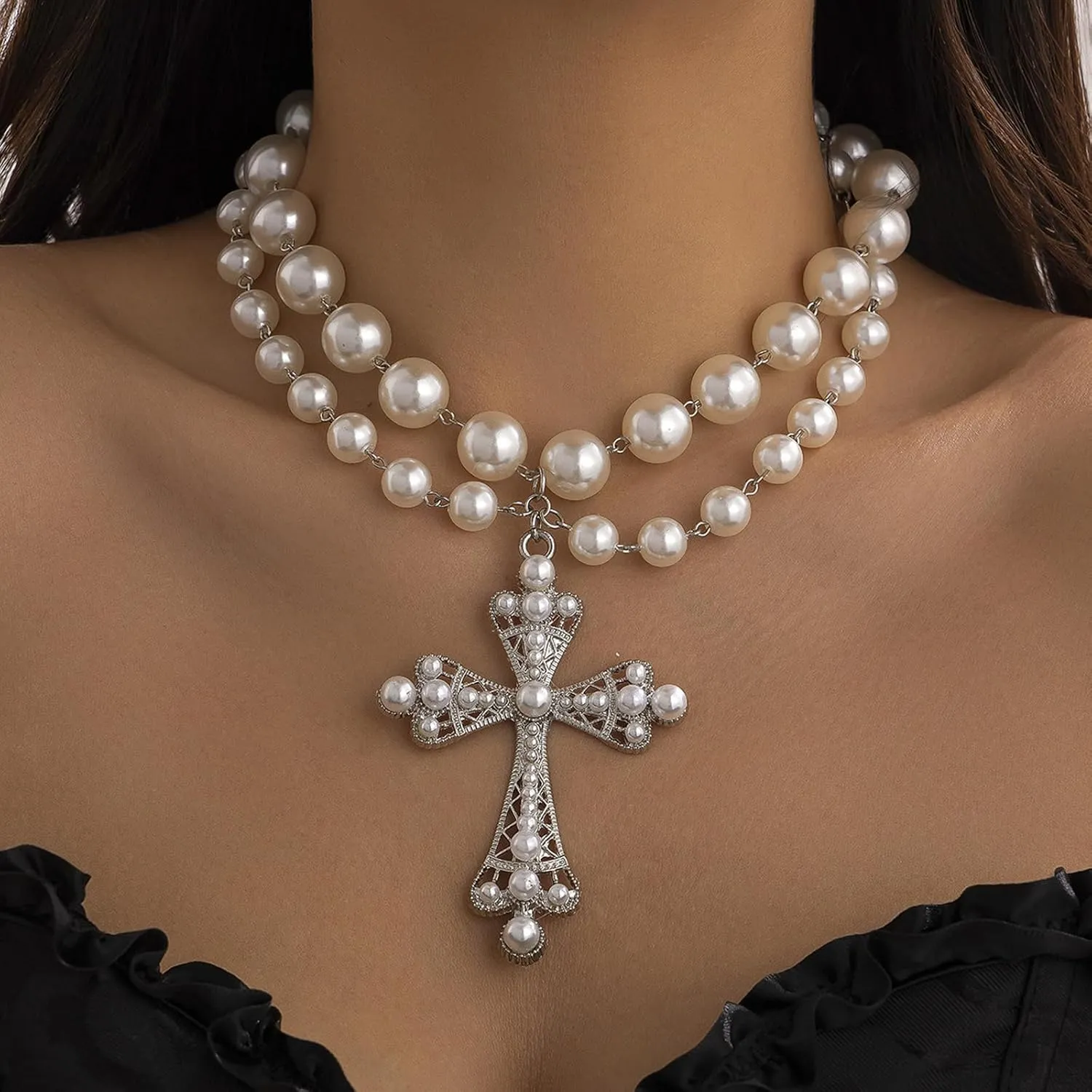 Gothic Necklace Pearl Cross Necklaces Big Cross Necklace Chunky Cross Necklace Punk Pearl Cross Pendants Necklace Vintage Charm Necklace Gothic Cross Necklace Goth Jewelry for Women