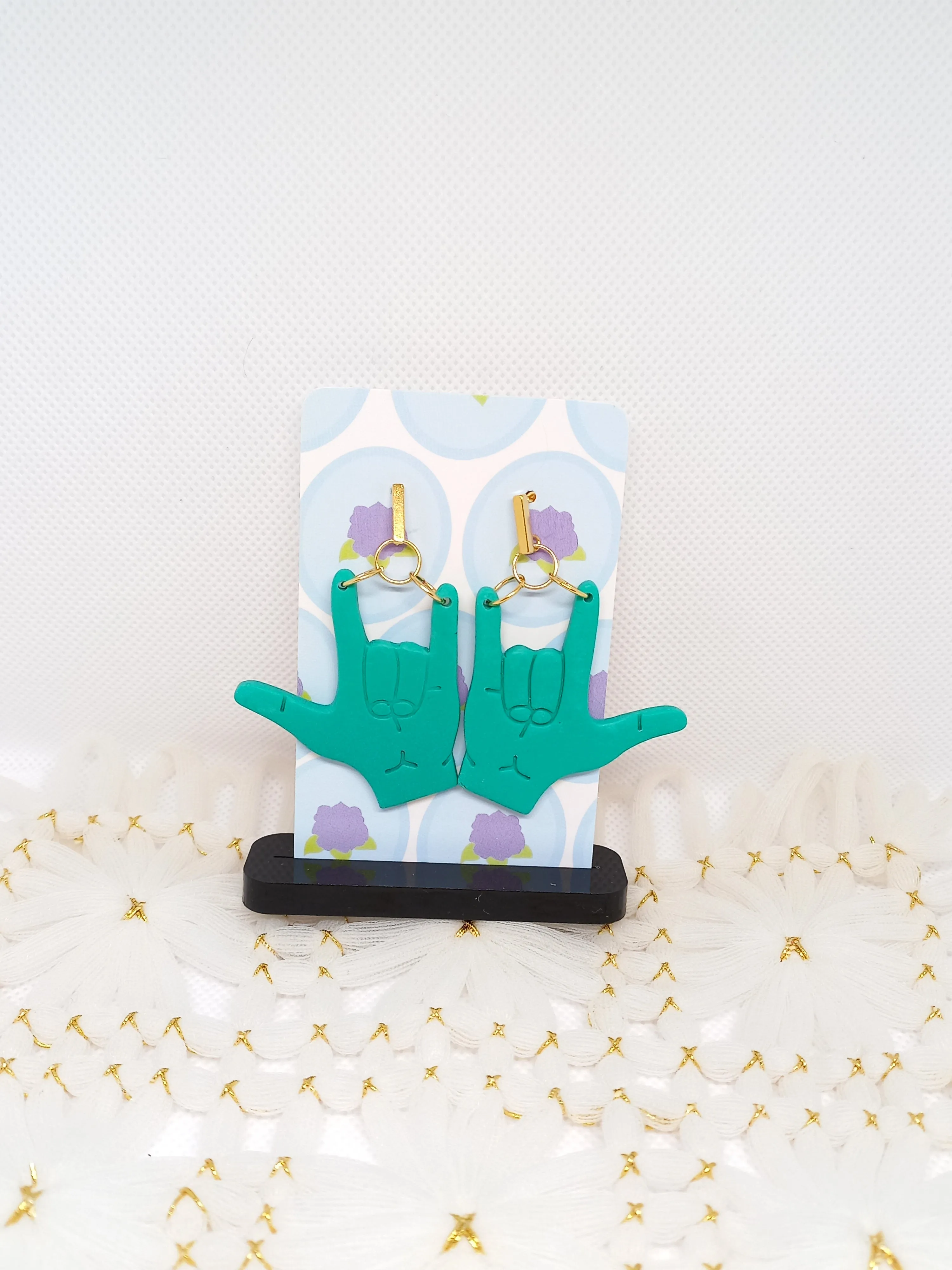 Green I Love You Sign Language Earrings | Deaf Awareness
