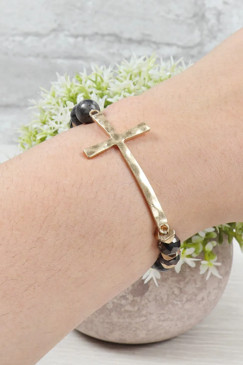 Hdb2998 - Mix Beads Hammered Cross Bracelet