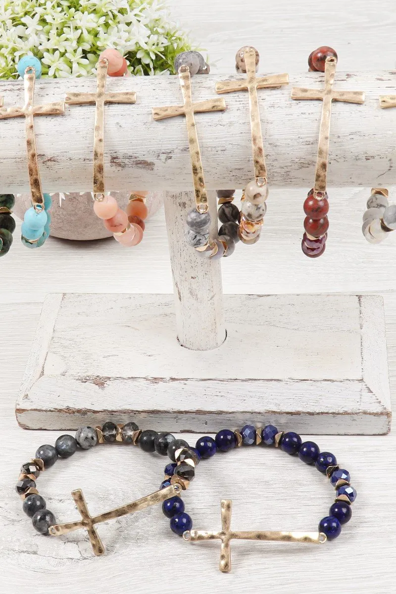 Hdb2998 - Mix Beads Hammered Cross Bracelet