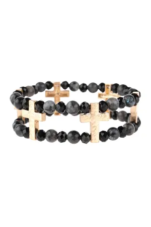 Hdb3192 - Cross Charm Two Line Beaded Bracelet
