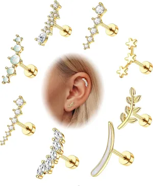 Jstyle 8 Pcs 16G 316L Stainless Steel Cartilage Stud Earring Set for Women Opal CZ Leaf Bar Flat Screw Back Conch Helix Daith Piercing Jewelry