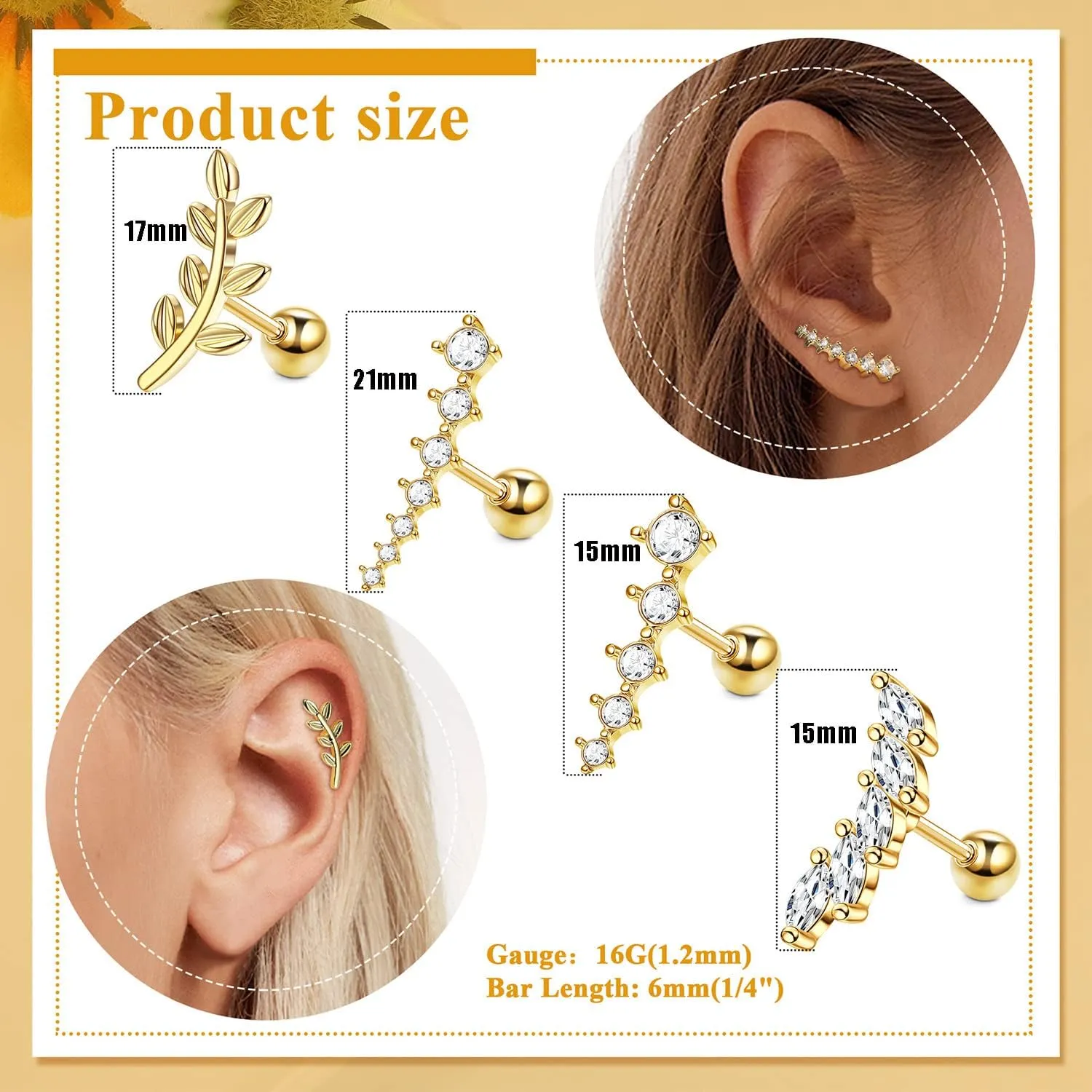 Jstyle 8 Pcs 16G 316L Stainless Steel Cartilage Stud Earring Set for Women Opal CZ Leaf Bar Flat Screw Back Conch Helix Daith Piercing Jewelry