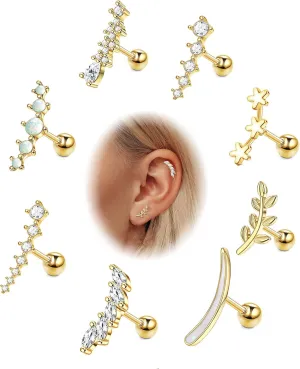 Jstyle 8 Pcs 16G 316L Stainless Steel Cartilage Stud Earring Set for Women Opal CZ Leaf Bar Flat Screw Back Conch Helix Daith Piercing Jewelry