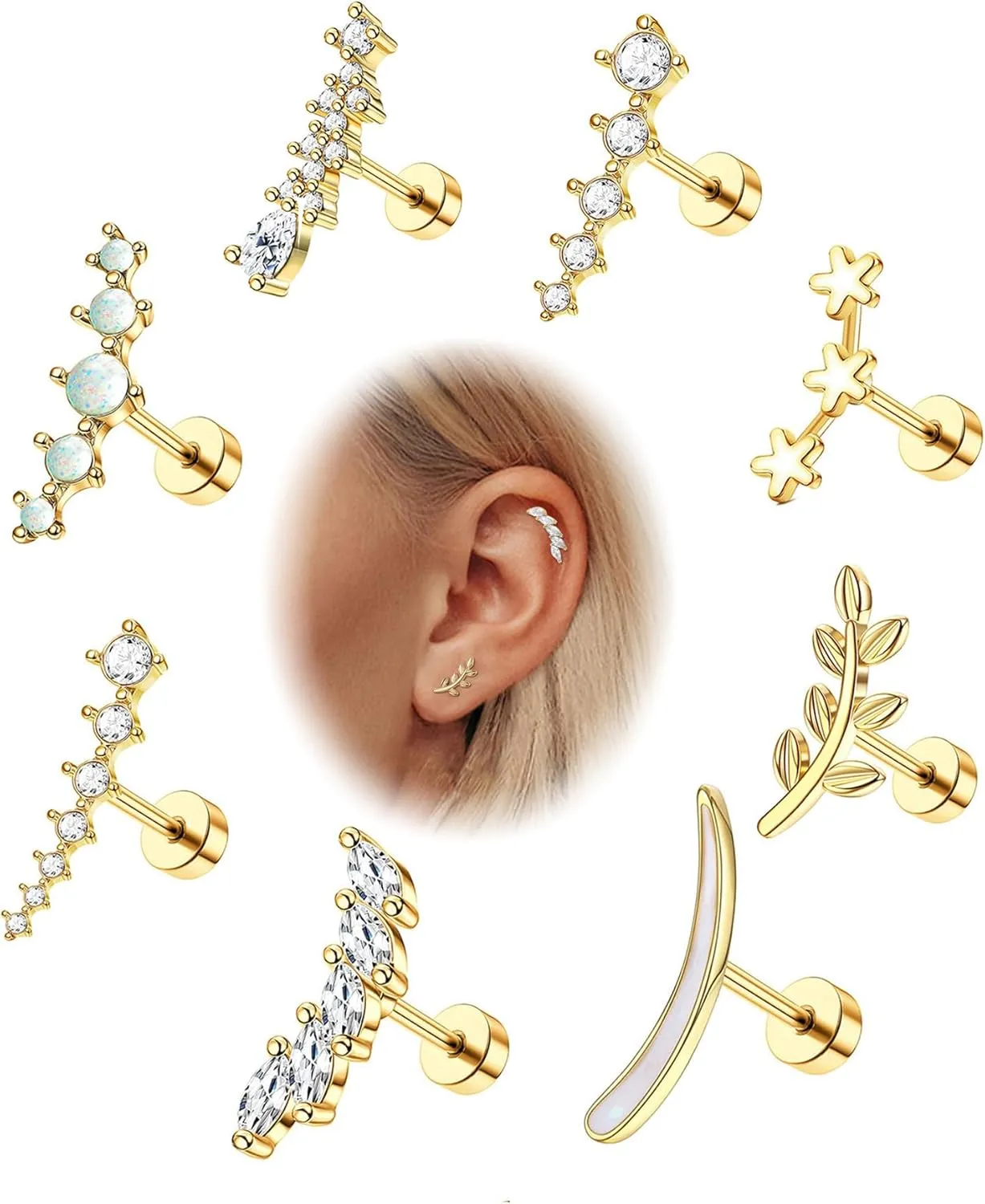 Jstyle 8 Pcs 16G 316L Stainless Steel Cartilage Stud Earring Set for Women Opal CZ Leaf Bar Flat Screw Back Conch Helix Daith Piercing Jewelry