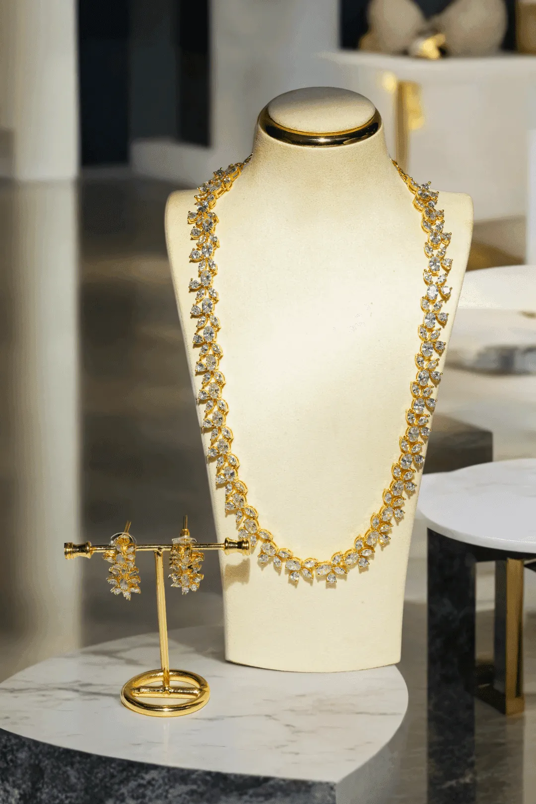 Lama - Single Layer Long Diamante Accent AD Necklace Set