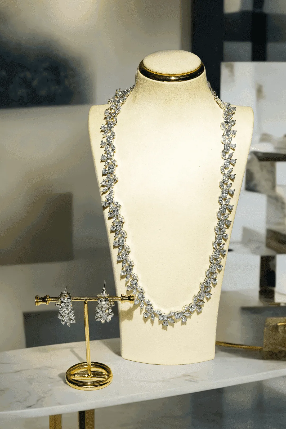 Lama - Single Layer Long Diamante Accent AD Necklace Set