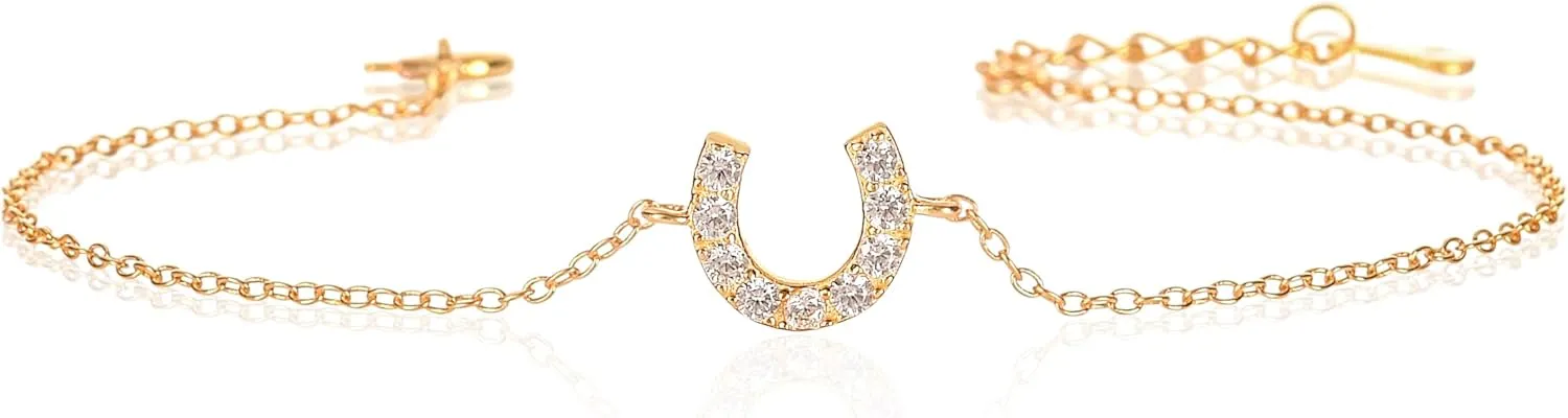 Lucky Horseshoe Bracelets in 925 Sterling Silver for Women, Dainty Silver, Yellow Gold, or Rose Gold Horseshoe Bracelet with Sparkling Cubic Zirconia Stones