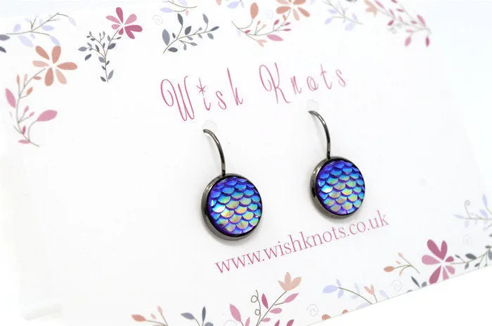 Mermaid Scale Earrings - Lever Back Earrings. Gunmetal Black Drop Earrings. Choice of Colours.
