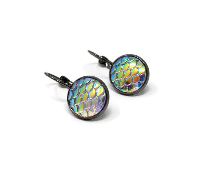 Mermaid Scale Earrings - Lever Back Earrings. Gunmetal Black Drop Earrings. Choice of Colours.