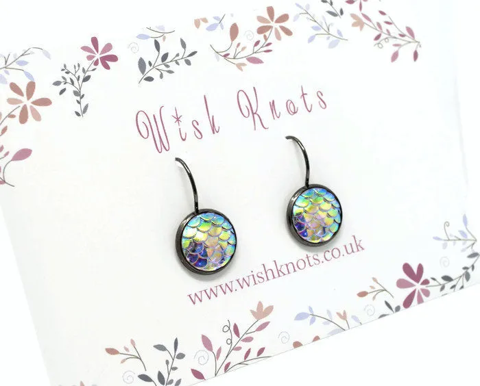 Mermaid Scale Earrings - Lever Back Earrings. Gunmetal Black Drop Earrings. Choice of Colours.