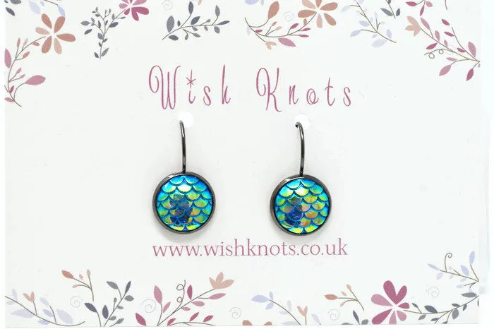 Mermaid Scale Earrings - Sea Blue Green Lever Back Earrings. Gunmetal Black Drop Earrings