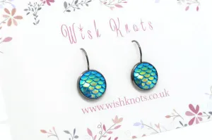Mermaid Scale Earrings - Sea Blue Green Lever Back Earrings. Gunmetal Black Drop Earrings
