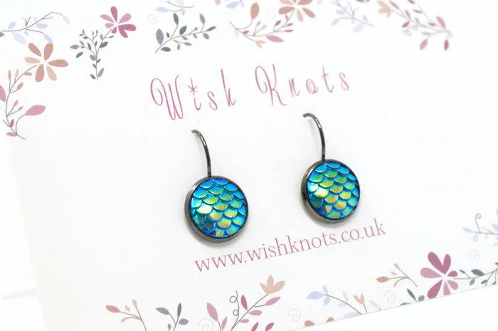 Mermaid Scale Earrings - Sea Blue Green Lever Back Earrings. Gunmetal Black Drop Earrings