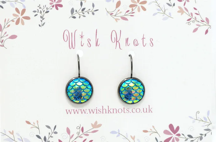 Mermaid Scale Earrings - Sea Blue Green Lever Back Earrings. Gunmetal Black Drop Earrings