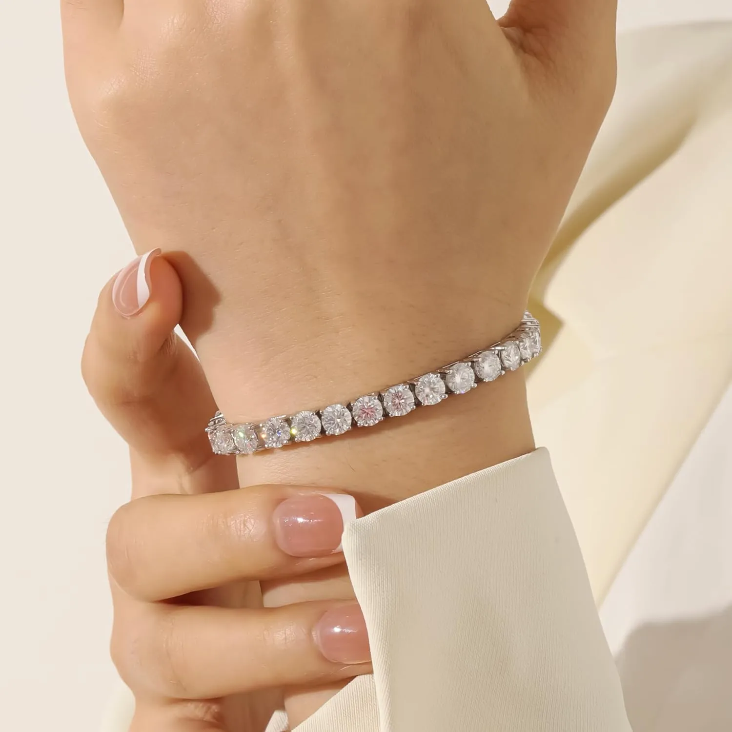 Moissanite Tennis Bracelet for Women - 18K White Gold Plated Silver - 2mm 3mm 4mm 5mm D Color VVS1 Moissanite - Double Safety Clasp,Hypoallergenic Men's Bracelets