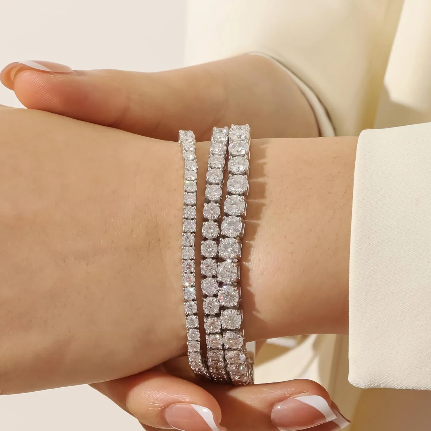 Moissanite Tennis Bracelet for Women - 18K White Gold Plated Silver - 2mm 3mm 4mm 5mm D Color VVS1 Moissanite - Double Safety Clasp,Hypoallergenic Men's Bracelets