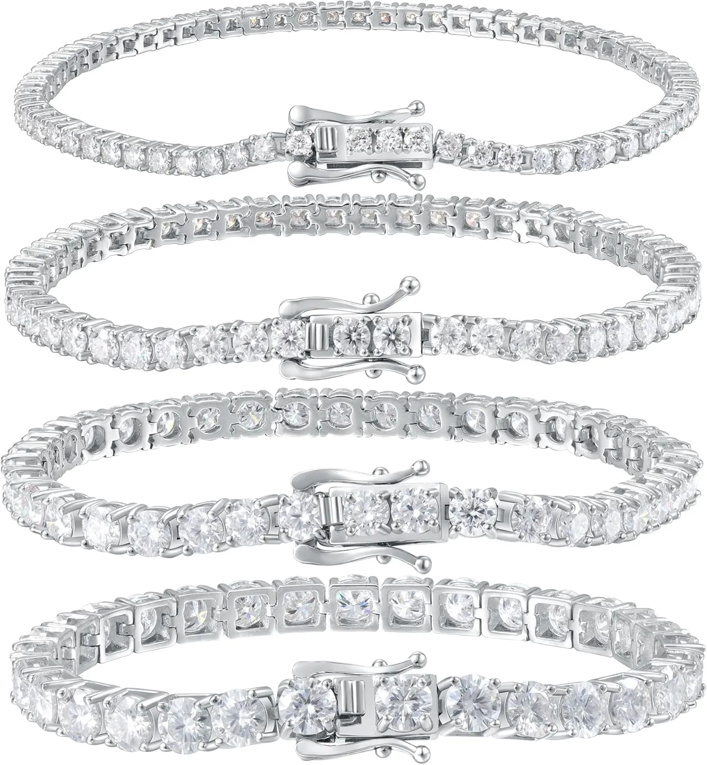 Moissanite Tennis Bracelet for Women - 18K White Gold Plated Silver - 2mm 3mm 4mm 5mm D Color VVS1 Moissanite - Double Safety Clasp,Hypoallergenic Men's Bracelets