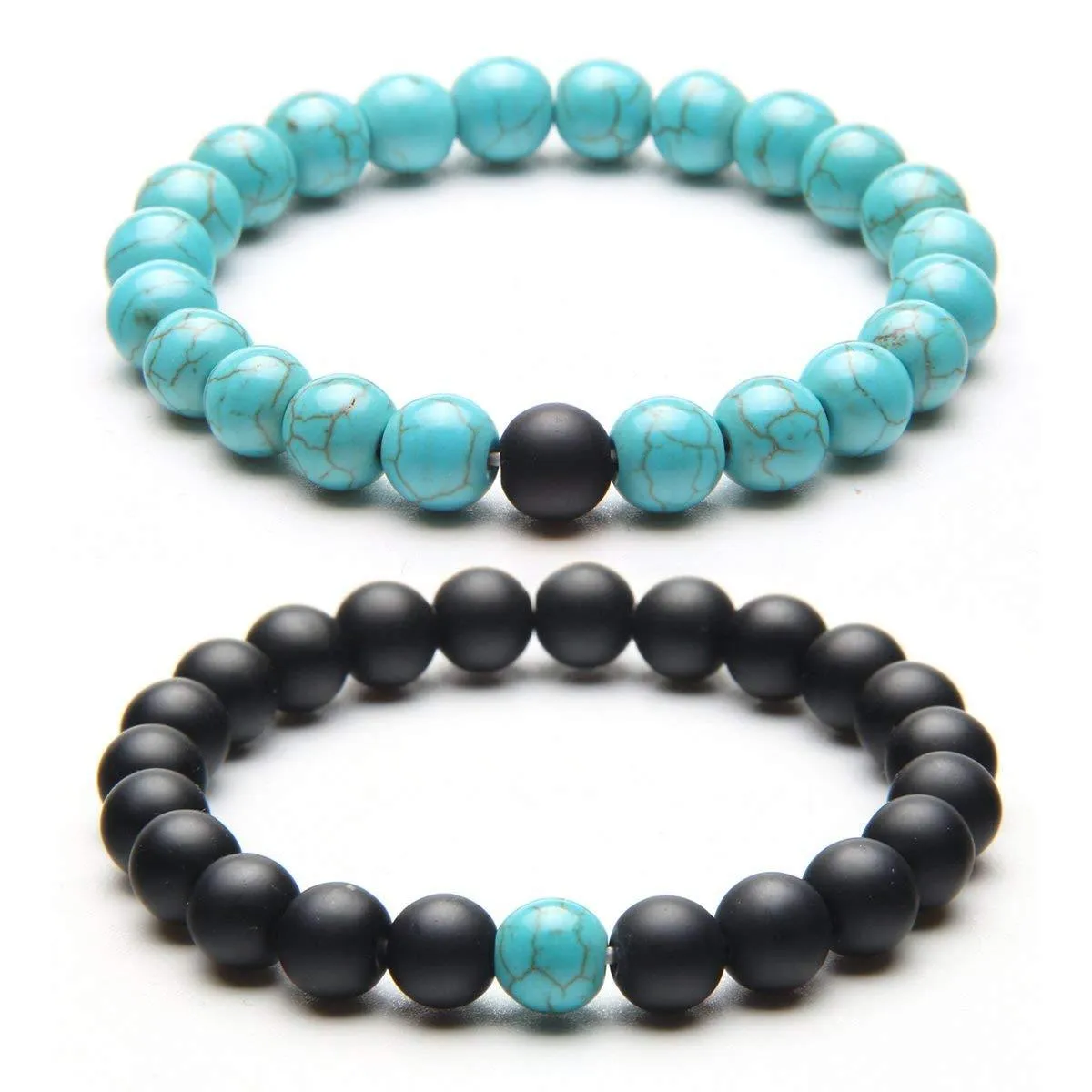 Natural Onyx Turquoise Beads Glossy Black Stretchable Combo Bracelet