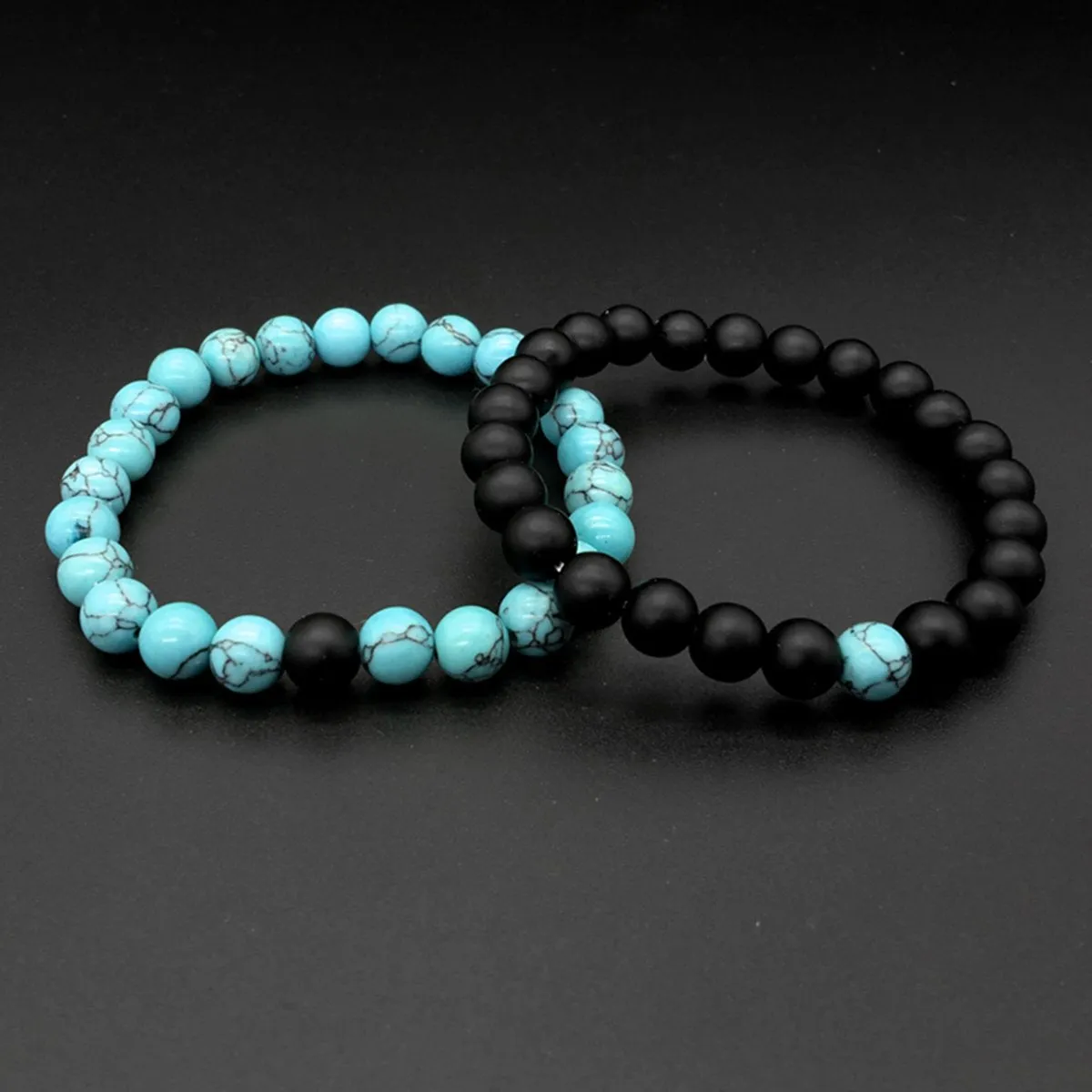 Natural Onyx Turquoise Beads Glossy Black Stretchable Combo Bracelet