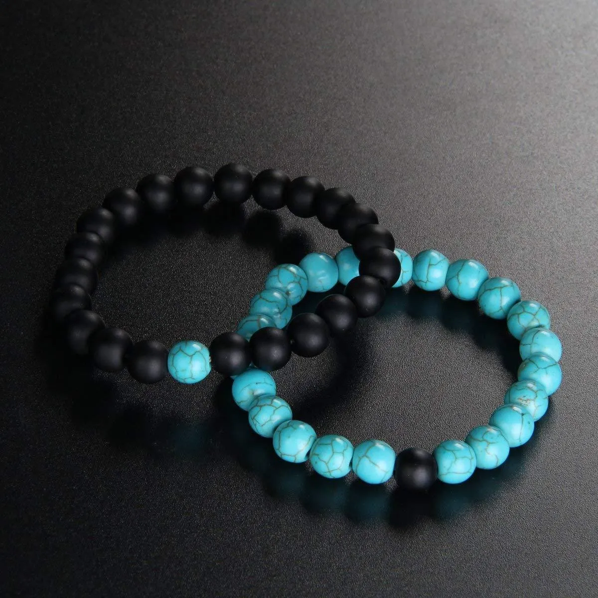 Natural Onyx Turquoise Beads Glossy Black Stretchable Combo Bracelet