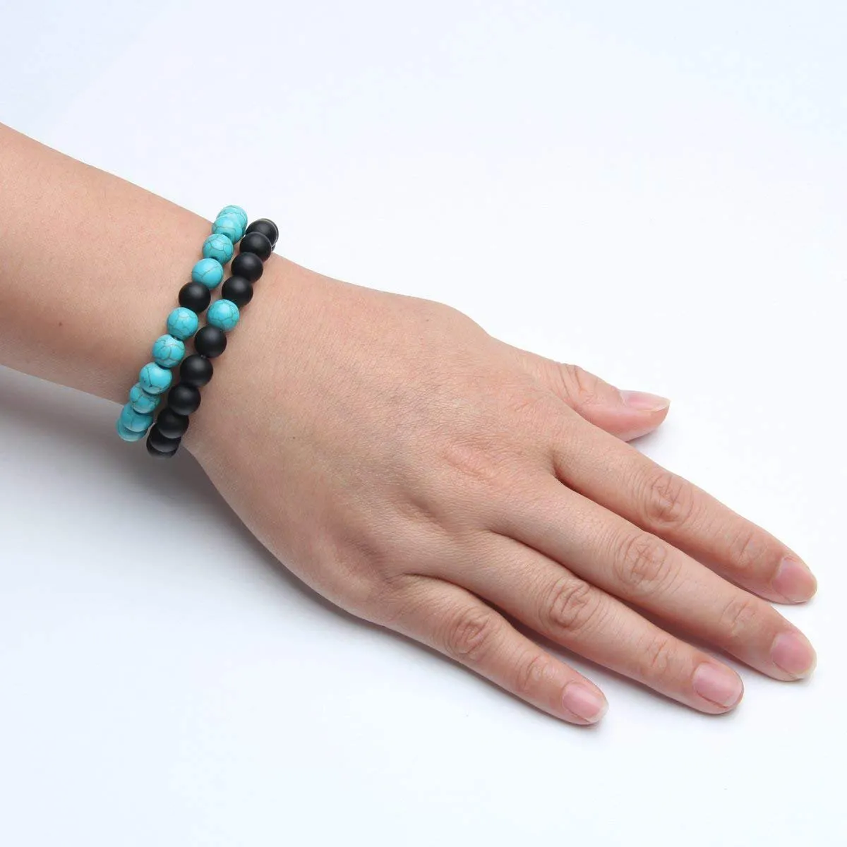 Natural Onyx Turquoise Beads Glossy Black Stretchable Combo Bracelet