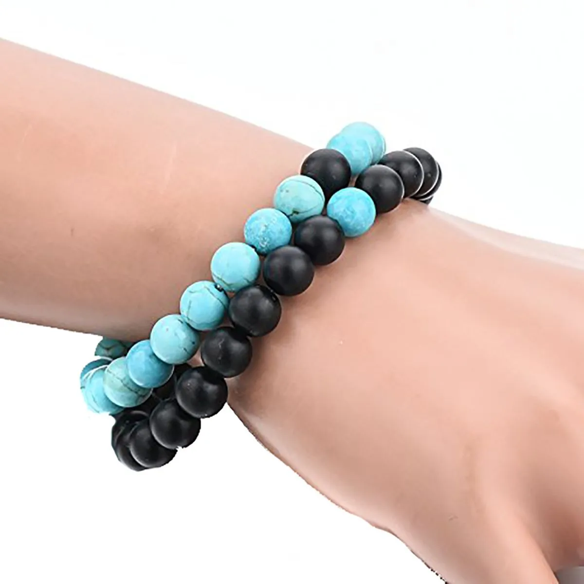 Natural Onyx Turquoise Beads Glossy Black Stretchable Combo Bracelet