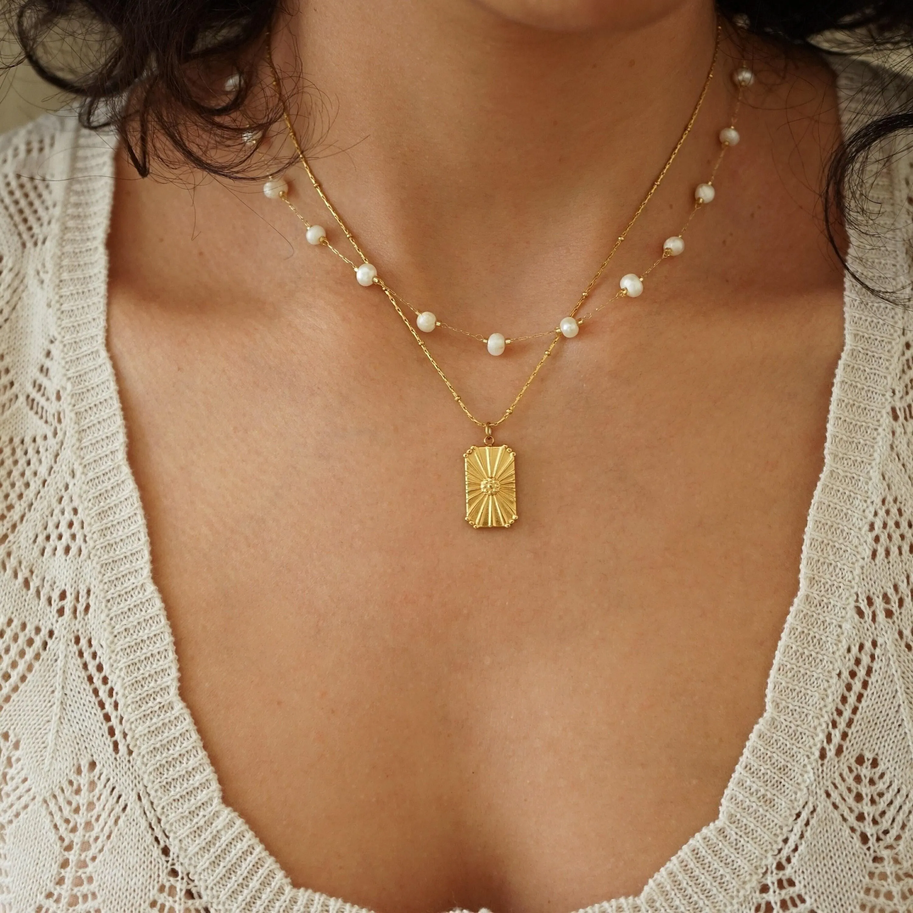 Natural White Pearl Gold Stainless Steel Rosary Necklace