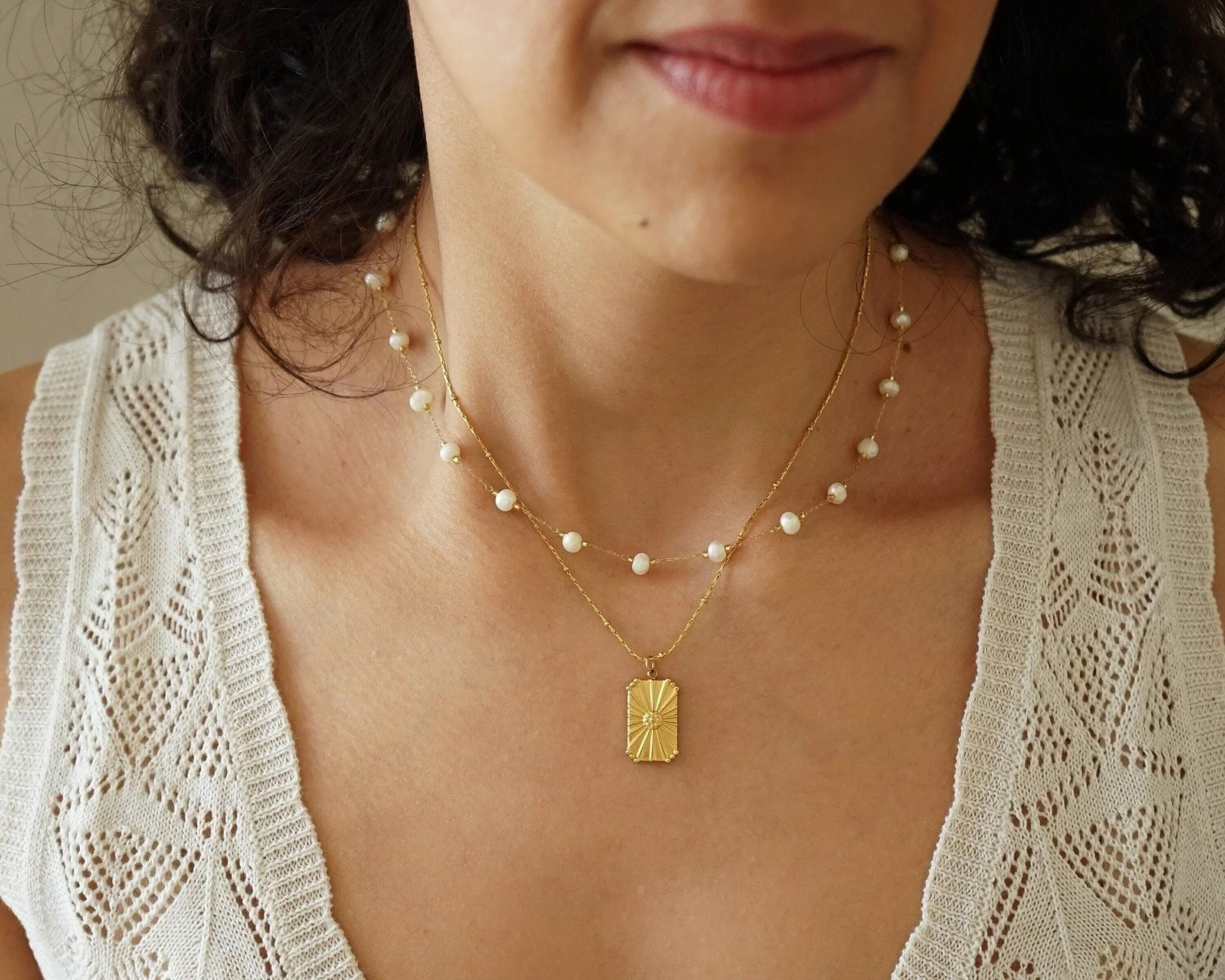 Natural White Pearl Gold Stainless Steel Rosary Necklace