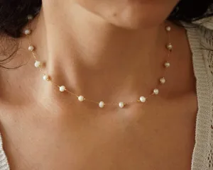 Natural White Pearl Gold Stainless Steel Rosary Necklace