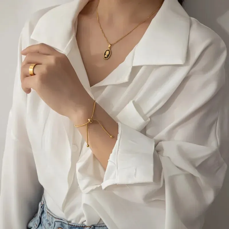 Non Fading Retro Adjustable Drawstring Bangle Women Stainless Steel Gold Plated Bracelet Koren Fashion