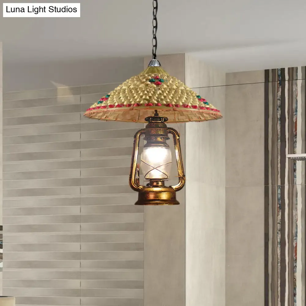 Rattan 1-Head Pendant Light with Lantern Shade | South-East Asia Hat Shaped | Indoor Hanging Lamp | Beige | 15"/16.5" Width