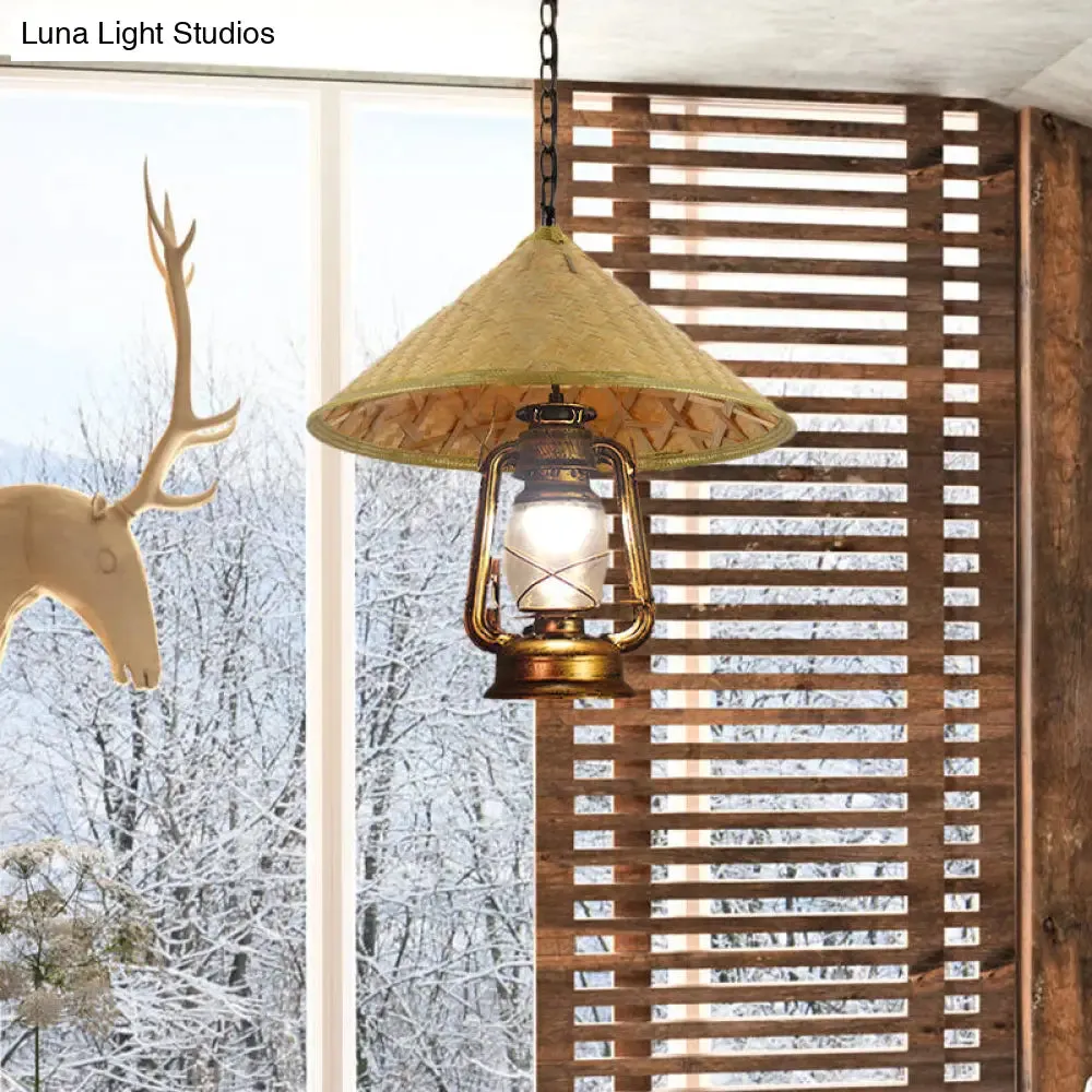 Rattan 1-Head Pendant Light with Lantern Shade | South-East Asia Hat Shaped | Indoor Hanging Lamp | Beige | 15"/16.5" Width