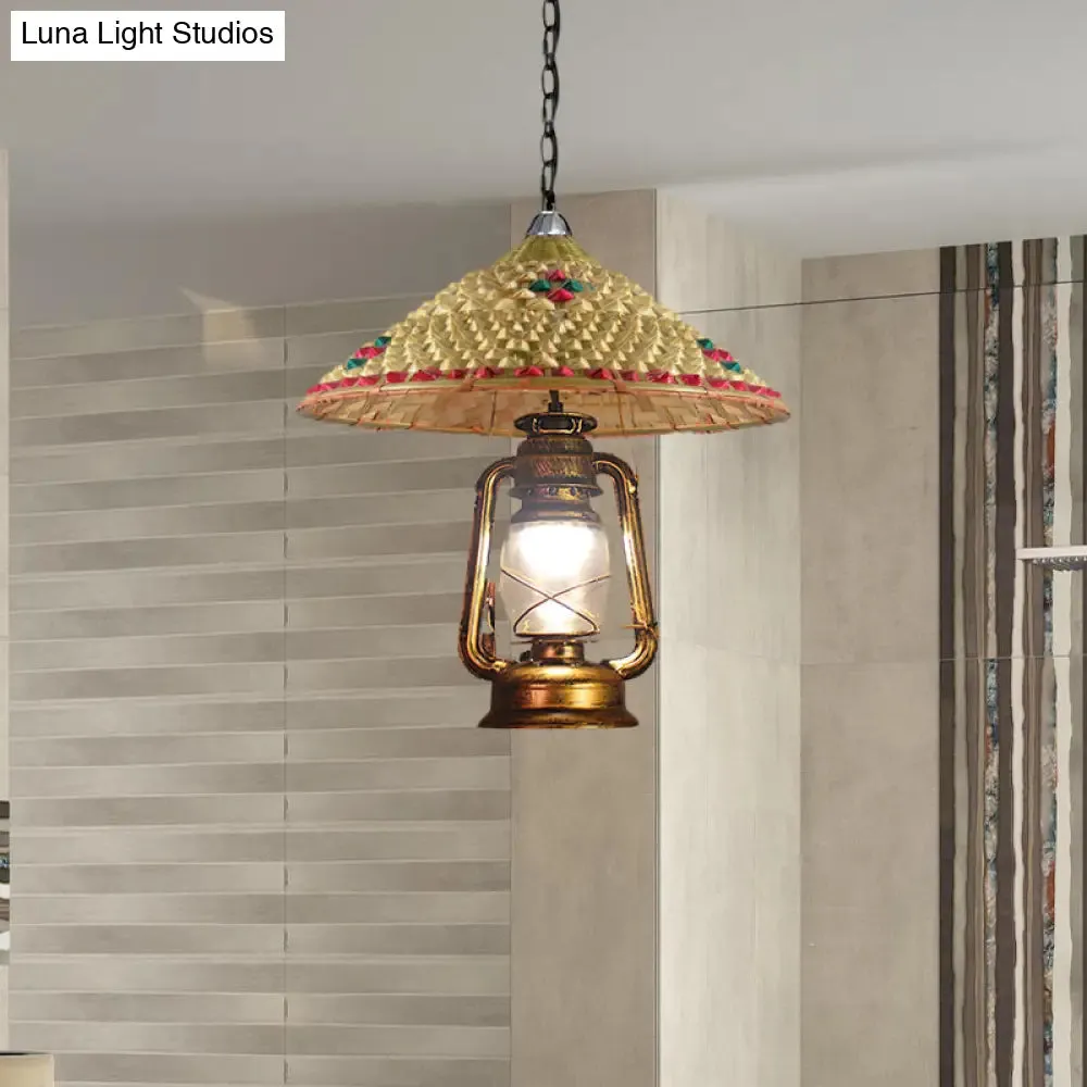 Rattan 1-Head Pendant Light with Lantern Shade | South-East Asia Hat Shaped | Indoor Hanging Lamp | Beige | 15"/16.5" Width