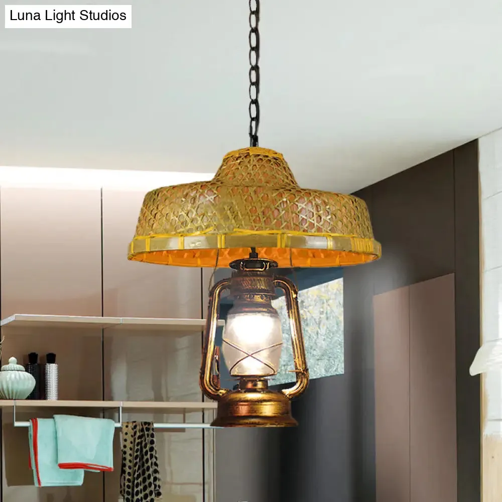 Rattan 1-Head Pendant Light with Lantern Shade | South-East Asia Hat Shaped | Indoor Hanging Lamp | Beige | 15"/16.5" Width