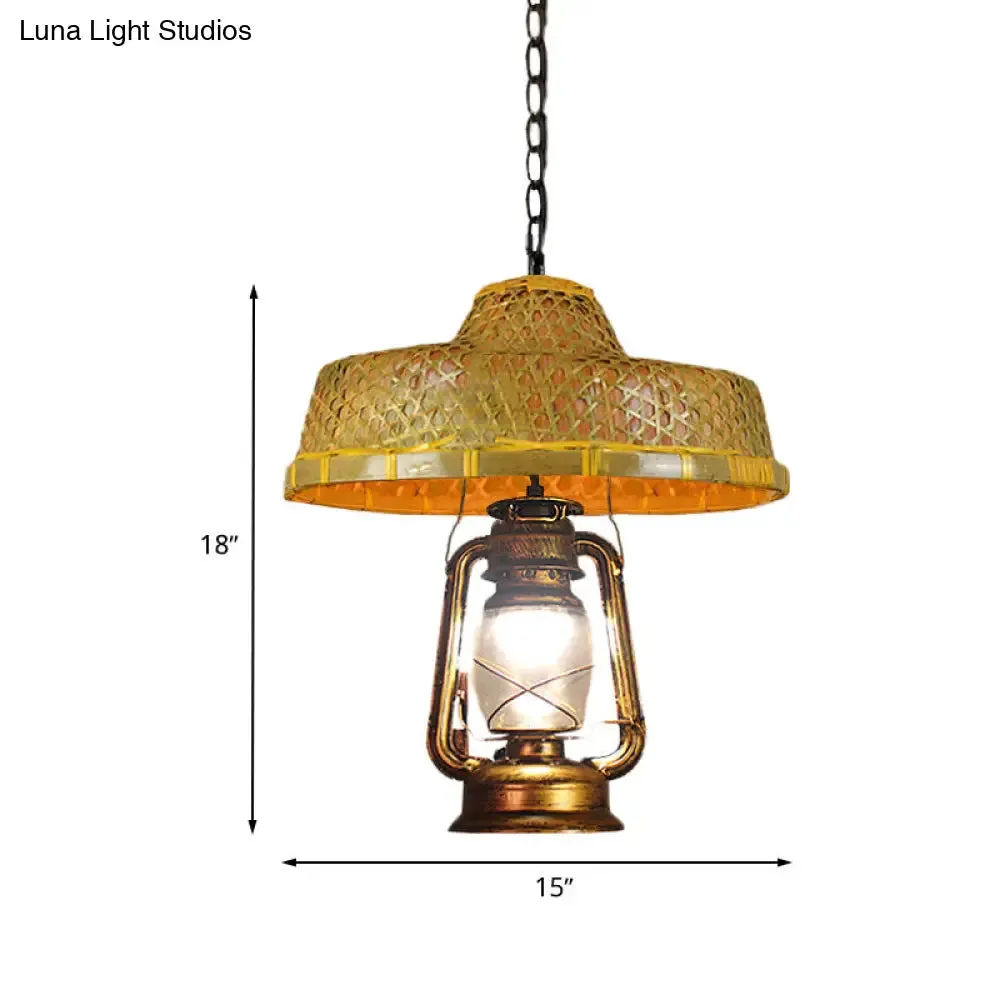 Rattan 1-Head Pendant Light with Lantern Shade | South-East Asia Hat Shaped | Indoor Hanging Lamp | Beige | 15"/16.5" Width