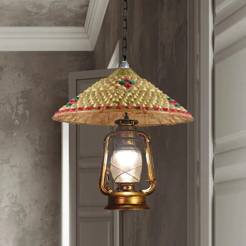 Rattan 1-Head Pendant Light with Lantern Shade | South-East Asia Hat Shaped | Indoor Hanging Lamp | Beige | 15"/16.5" Width