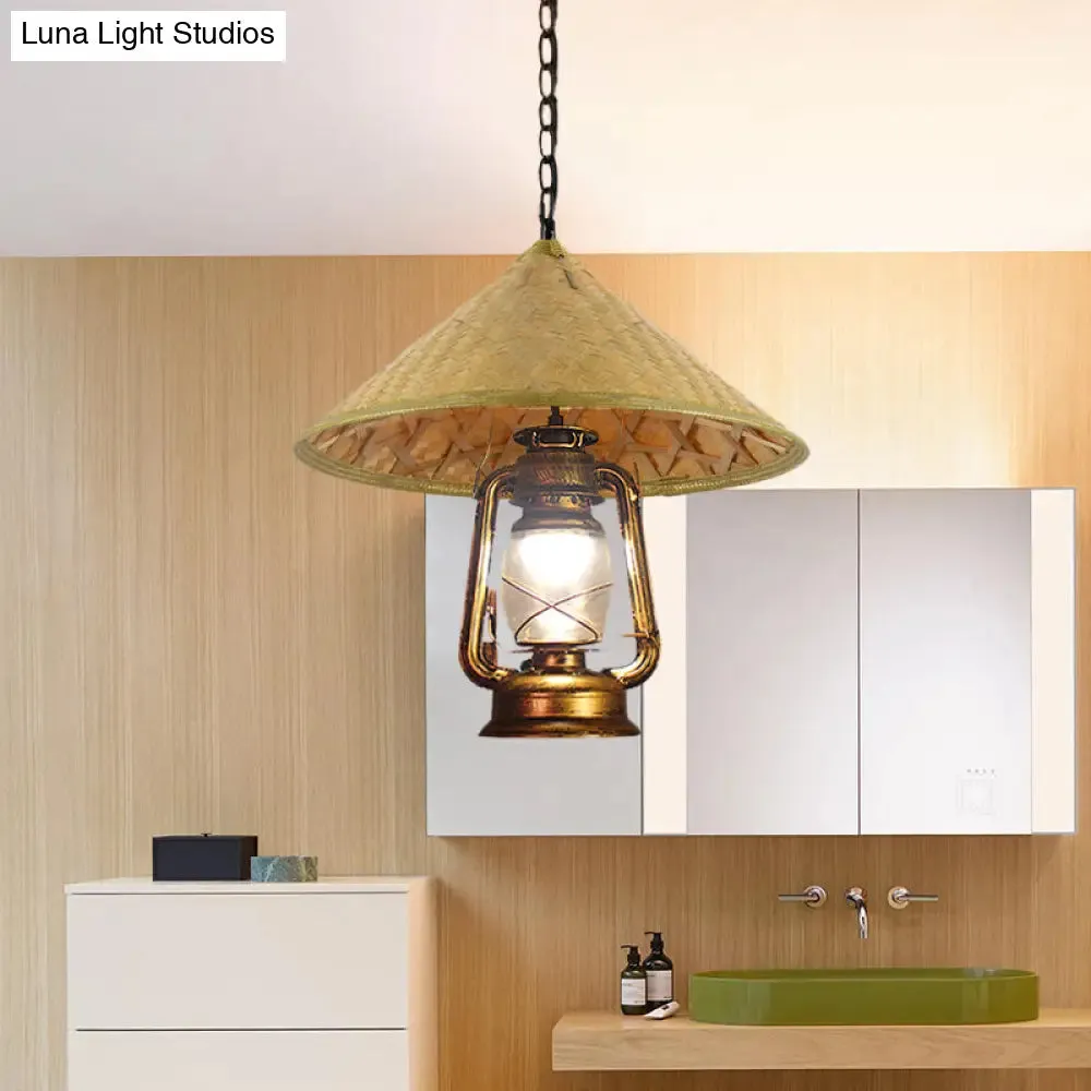 Rattan 1-Head Pendant Light with Lantern Shade | South-East Asia Hat Shaped | Indoor Hanging Lamp | Beige | 15"/16.5" Width