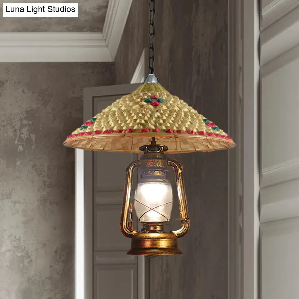 Rattan 1-Head Pendant Light with Lantern Shade | South-East Asia Hat Shaped | Indoor Hanging Lamp | Beige | 15"/16.5" Width