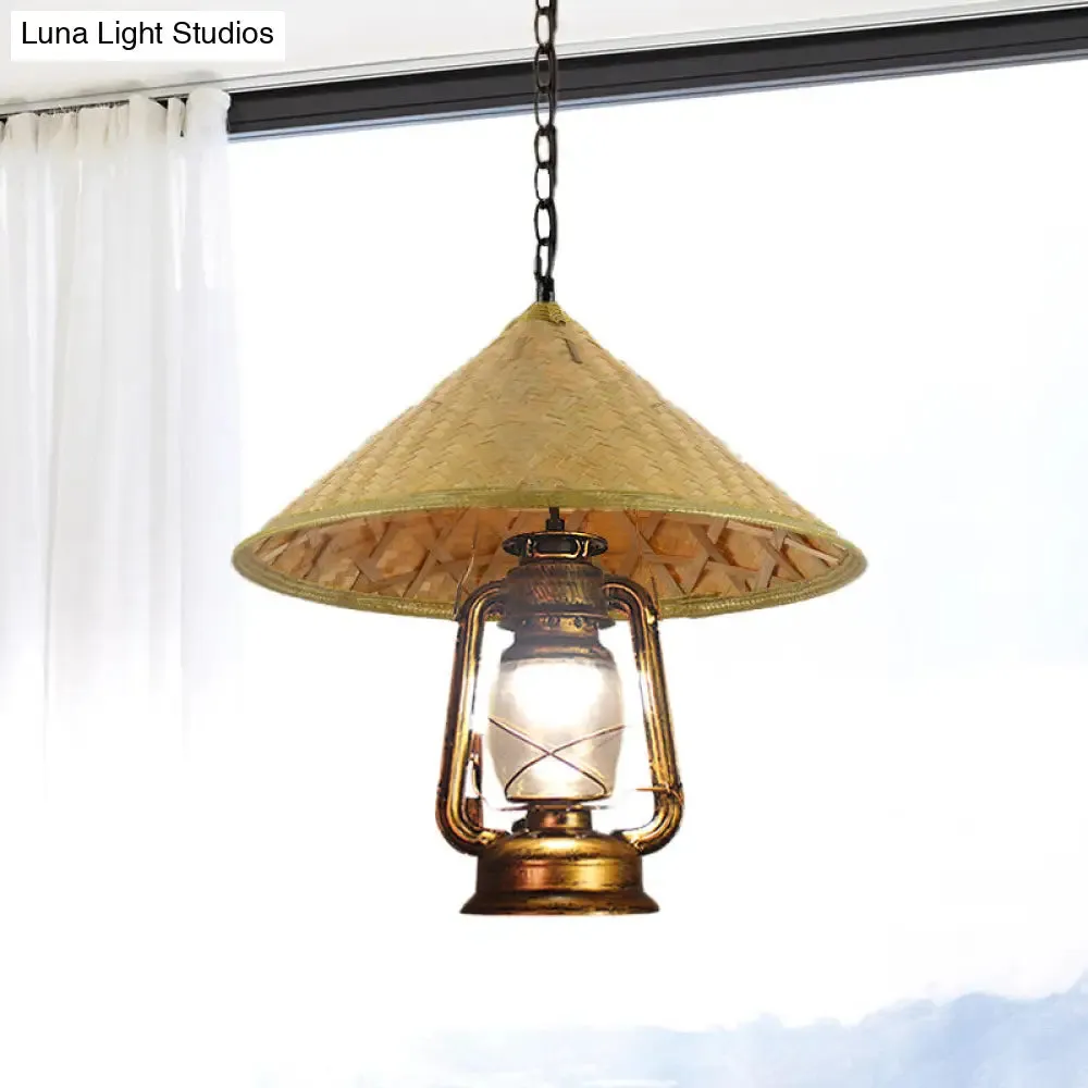 Rattan 1-Head Pendant Light with Lantern Shade | South-East Asia Hat Shaped | Indoor Hanging Lamp | Beige | 15"/16.5" Width
