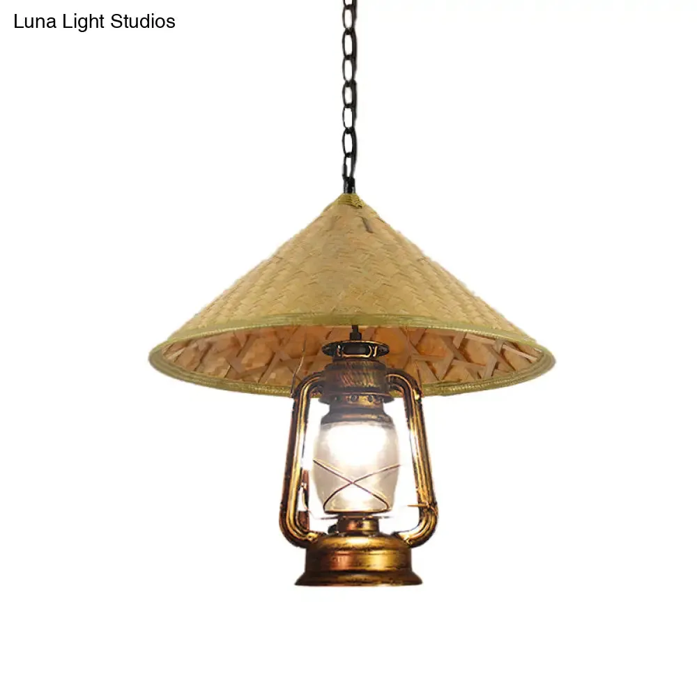 Rattan 1-Head Pendant Light with Lantern Shade | South-East Asia Hat Shaped | Indoor Hanging Lamp | Beige | 15"/16.5" Width