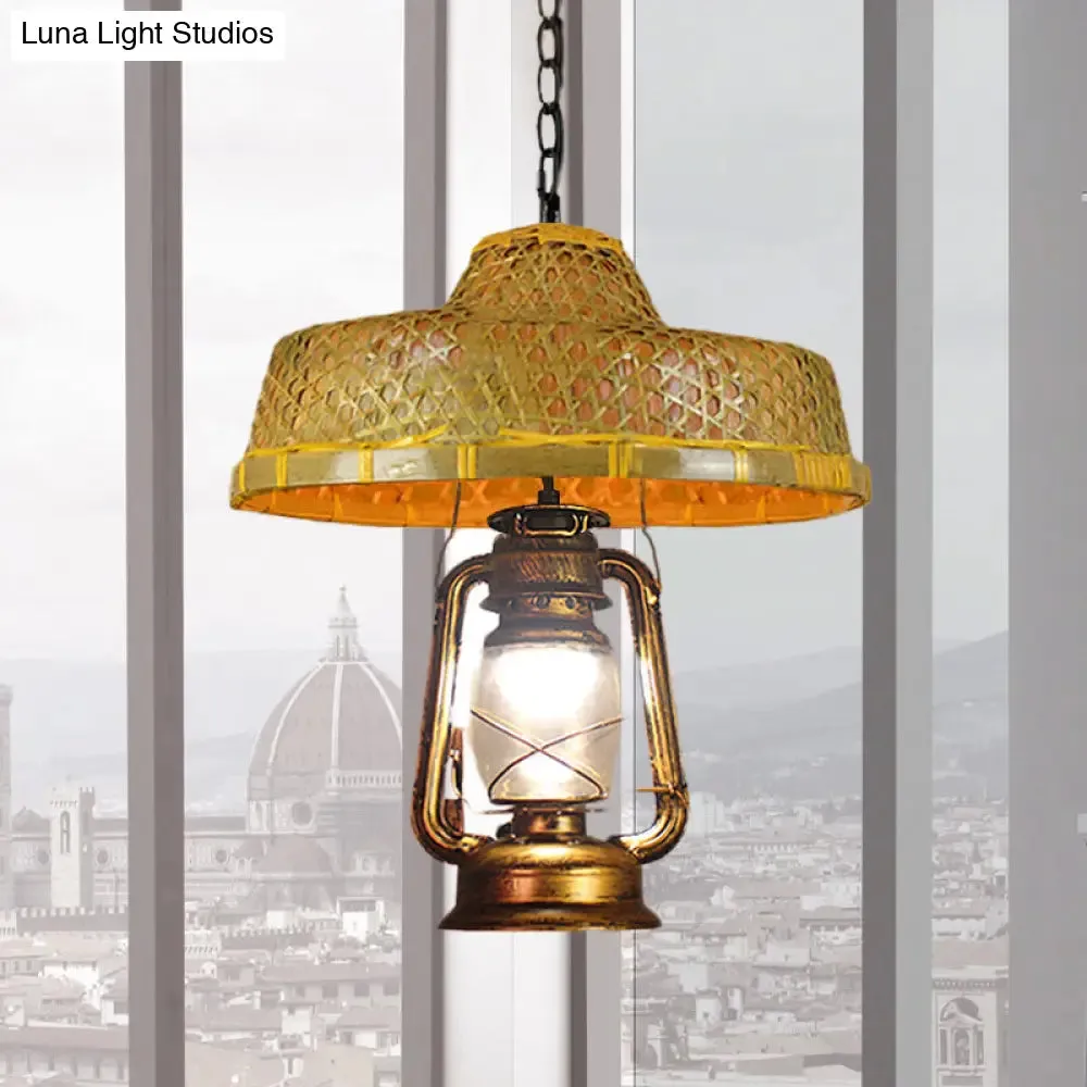 Rattan 1-Head Pendant Light with Lantern Shade | South-East Asia Hat Shaped | Indoor Hanging Lamp | Beige | 15"/16.5" Width