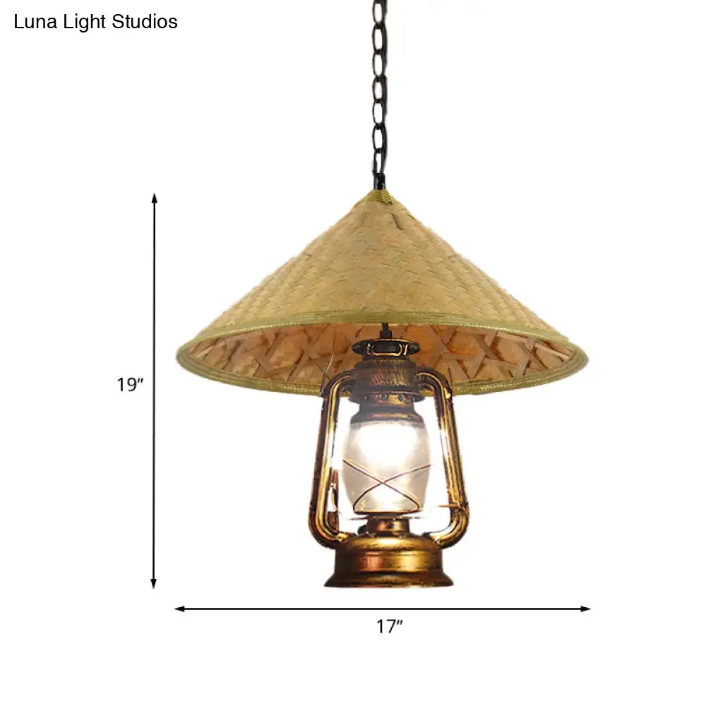Rattan 1-Head Pendant Light with Lantern Shade | South-East Asia Hat Shaped | Indoor Hanging Lamp | Beige | 15"/16.5" Width