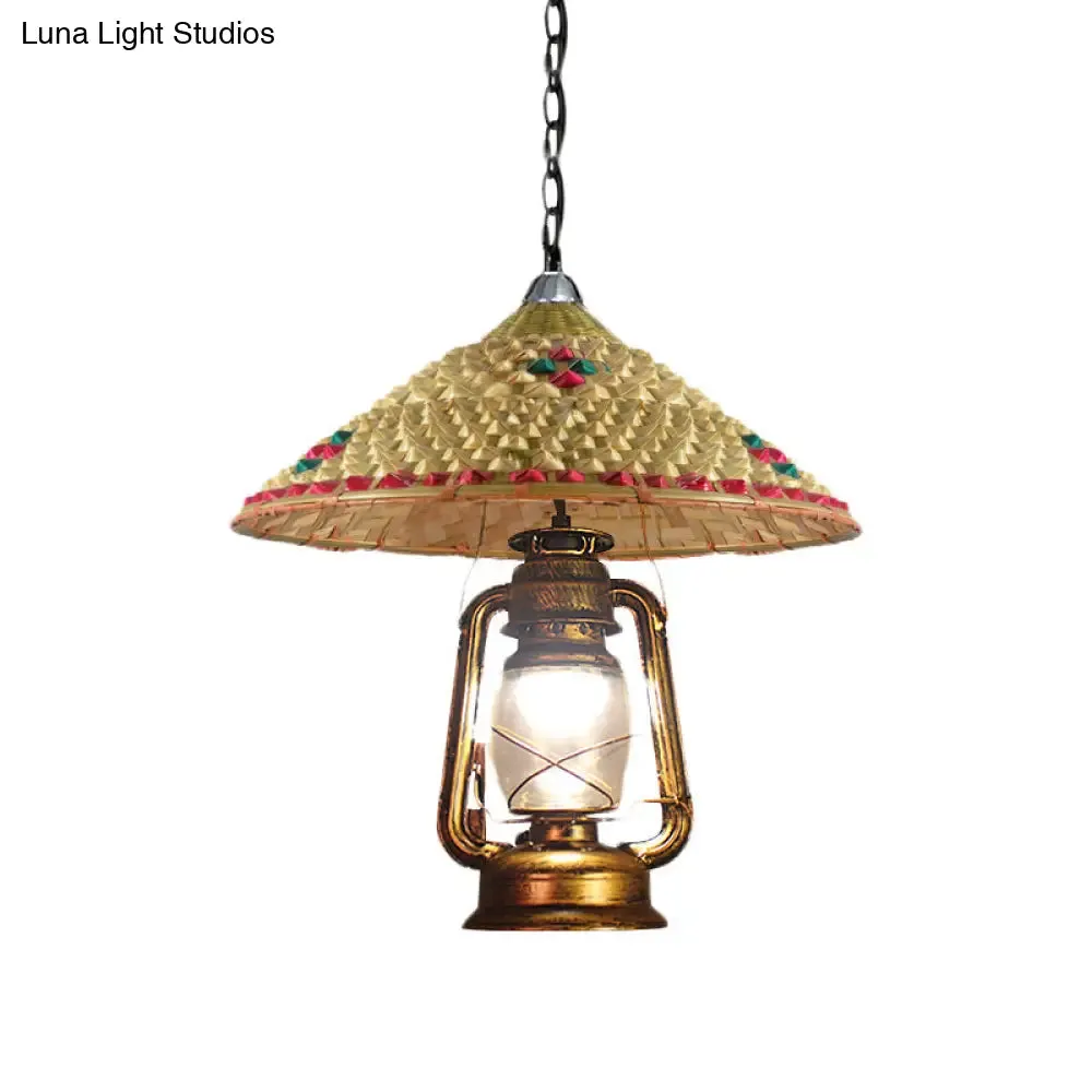 Rattan 1-Head Pendant Light with Lantern Shade | South-East Asia Hat Shaped | Indoor Hanging Lamp | Beige | 15"/16.5" Width