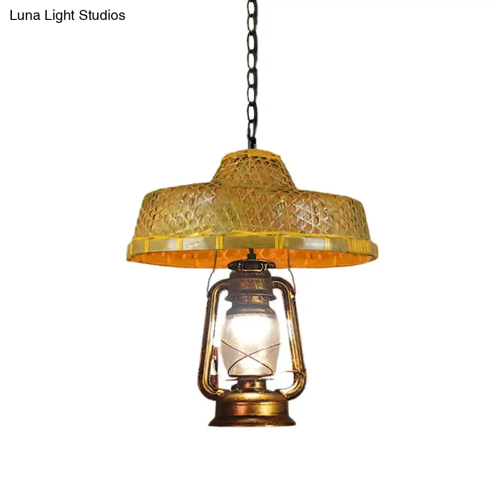 Rattan 1-Head Pendant Light with Lantern Shade | South-East Asia Hat Shaped | Indoor Hanging Lamp | Beige | 15"/16.5" Width