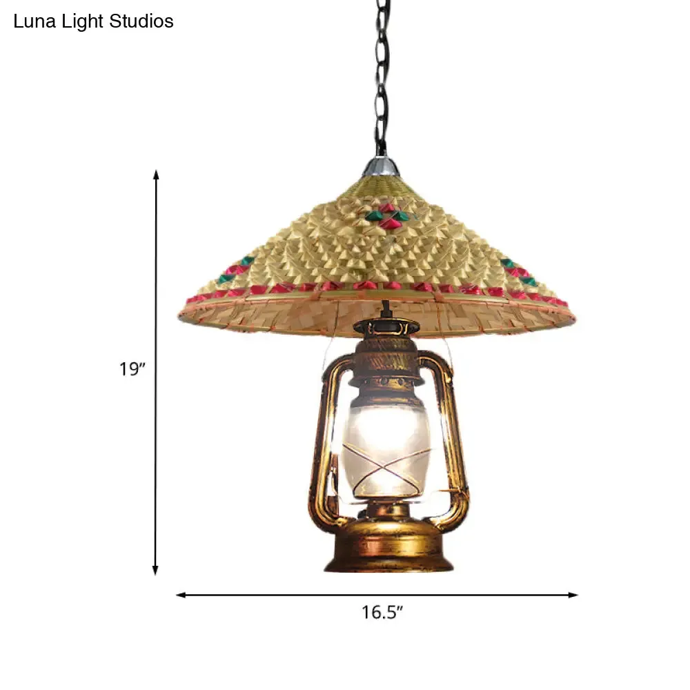 Rattan 1-Head Pendant Light with Lantern Shade | South-East Asia Hat Shaped | Indoor Hanging Lamp | Beige | 15"/16.5" Width