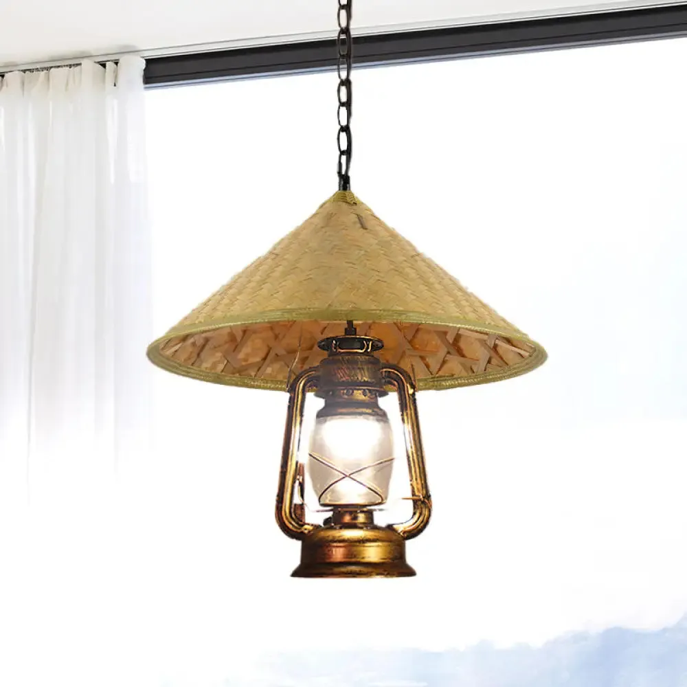Rattan 1-Head Pendant Light with Lantern Shade | South-East Asia Hat Shaped | Indoor Hanging Lamp | Beige | 15"/16.5" Width