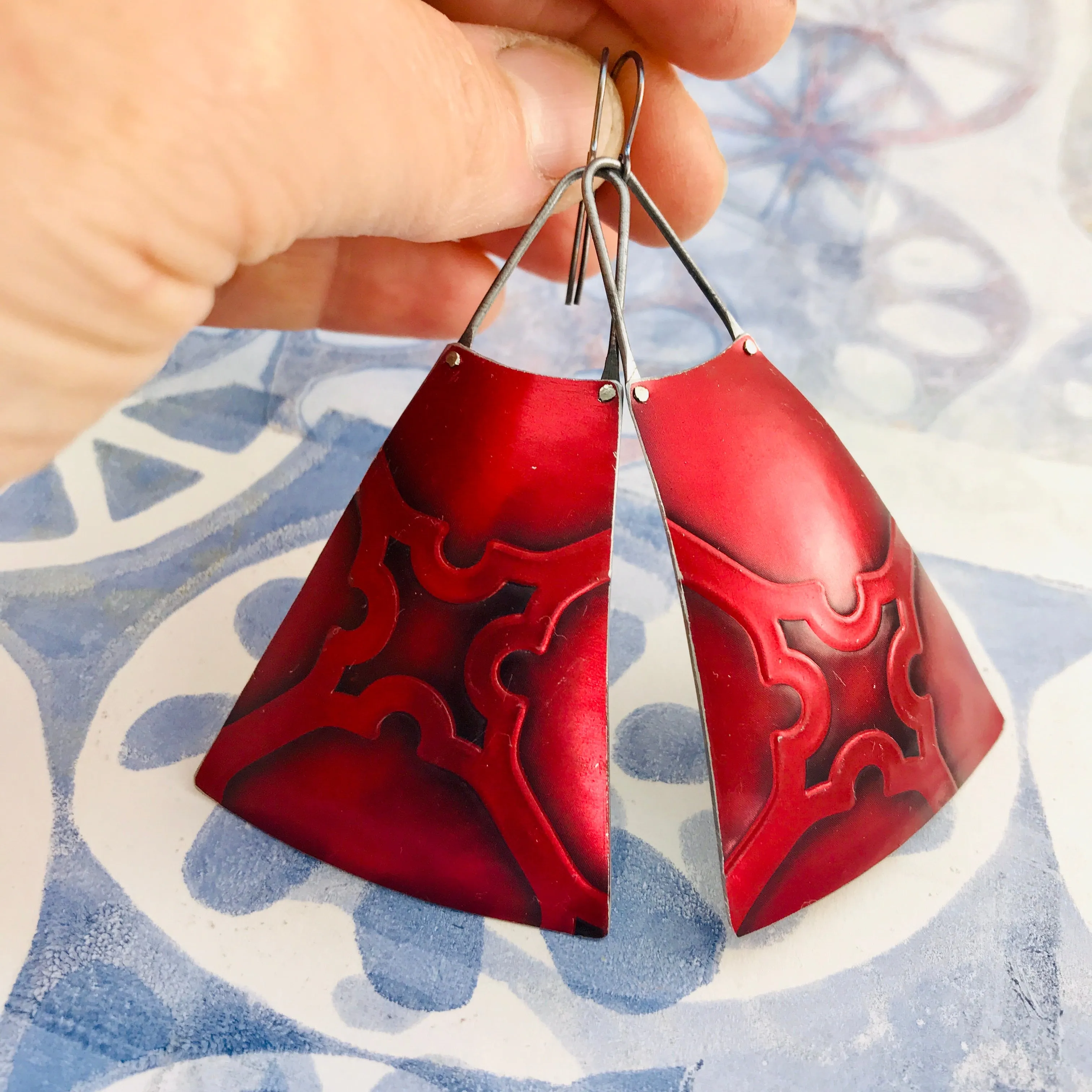 Rich Red Embossed Upcycled Tin Long Fans Earrings